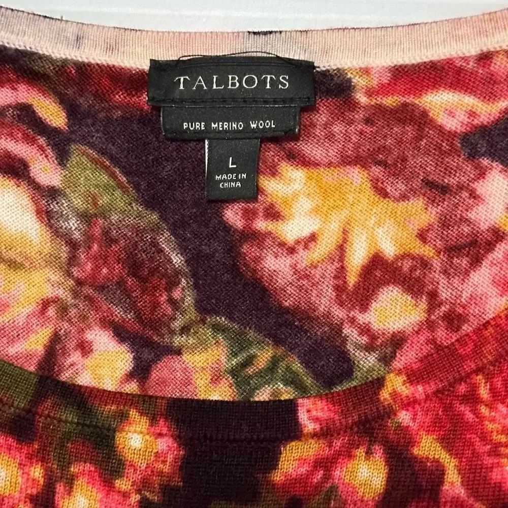 Talbots  Pure Merino Wool Gathered Shoulder Sweater - Burgundy Floral, S